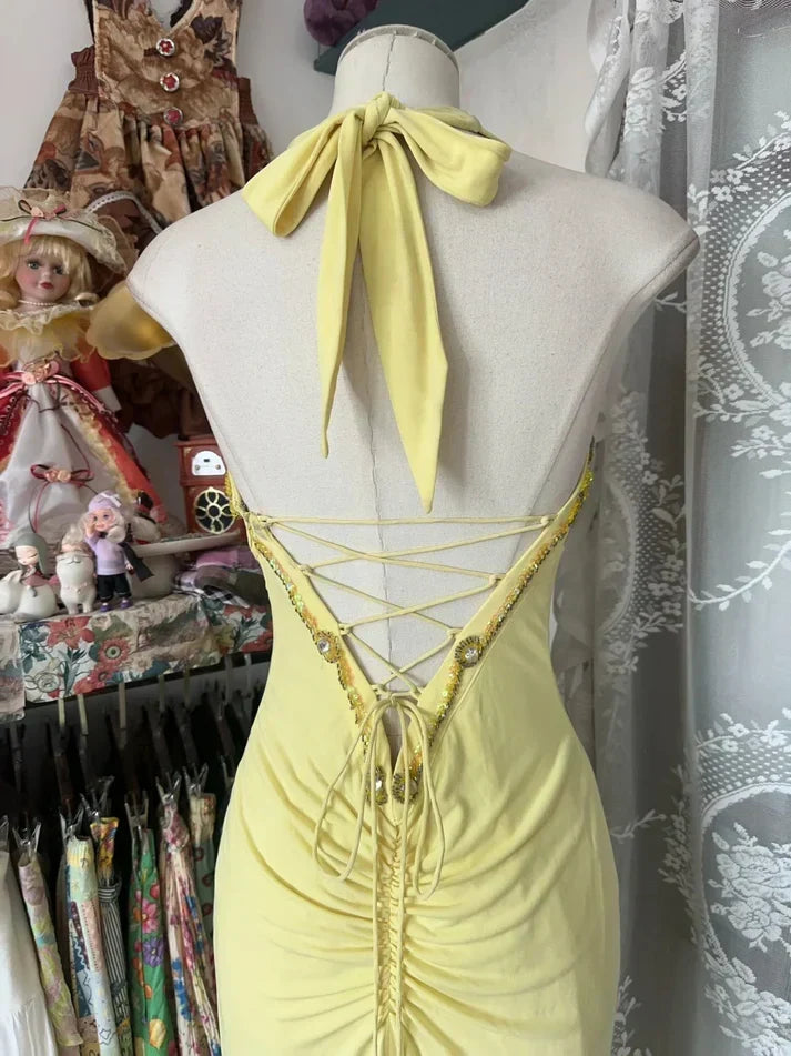 Vintage Yellow Beaded Sweetheart Prom Dress Embroidery Evening Dress Long Mermaid Halter-neck Formal Dress HZ1024