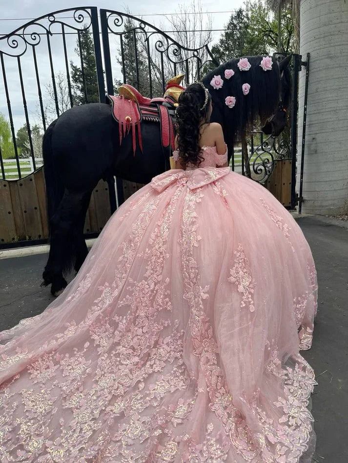Elegant Pink Sweetheart Applique Off-the-shoulder Sweet 16 Quinceanera A-Line Tulle Floor-length Prom Dress Birthday Dress Evening Dress Ball Gown HZ1024