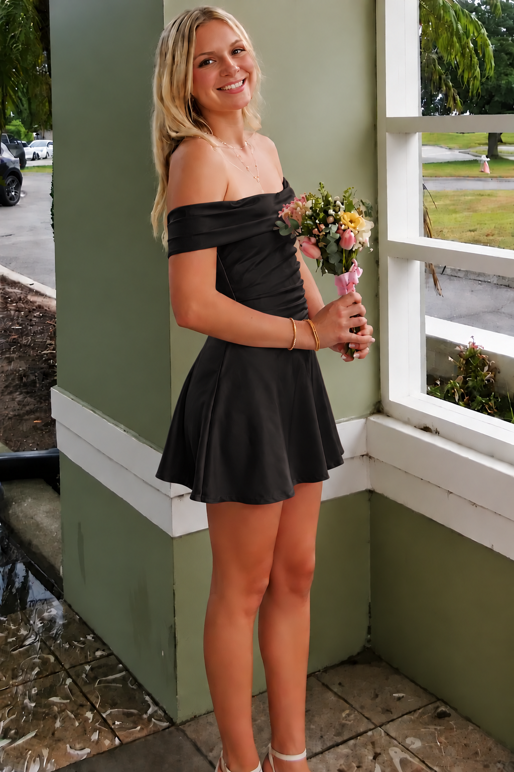 Pink Satin Off-Shoulder A-Line Pleats Short Party Homecoming Dress