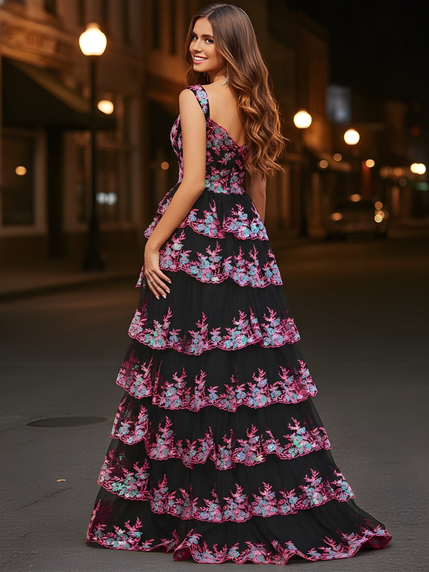 Off-Shoulder Gown with Multi-Color Sequin Embroidered Tier