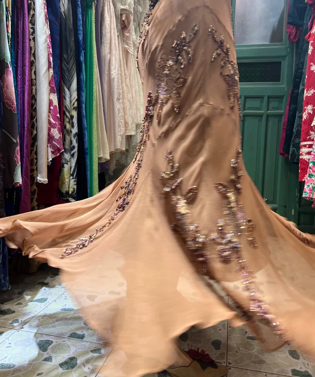 Elegant Brown And Gold Mermaid Halter-Neck Embroidered Beaded Chiffon Long Prom Dress Evening Dress cc5296