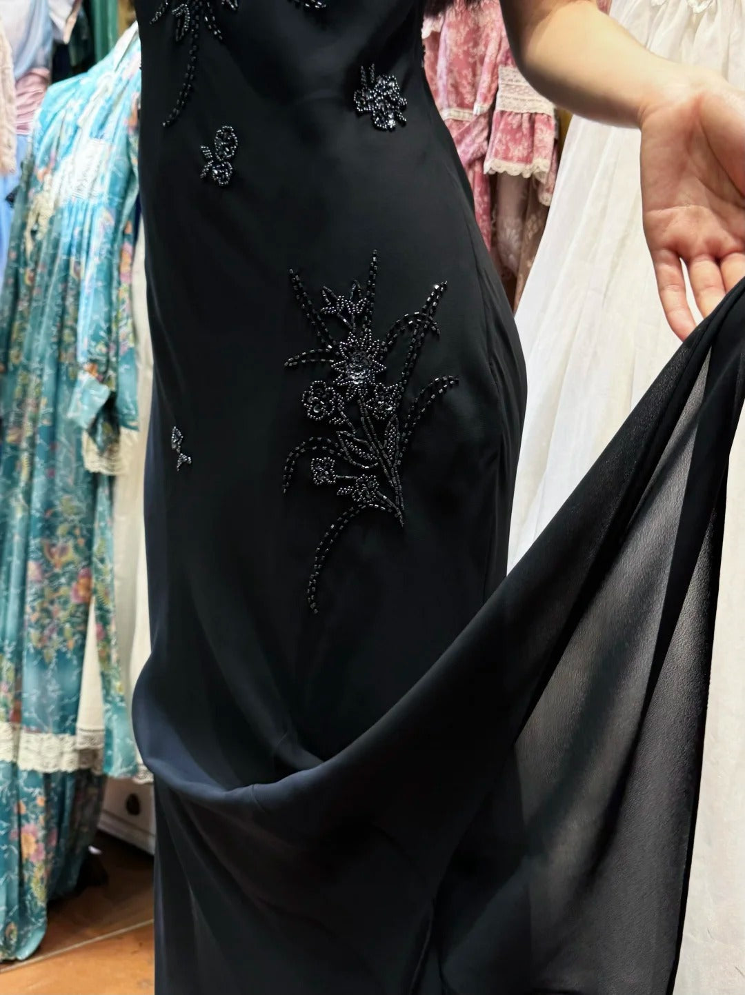 Elegant Black Irregular Strap Beaded Chiffon Long Prom Dress Evening Dress cc5298