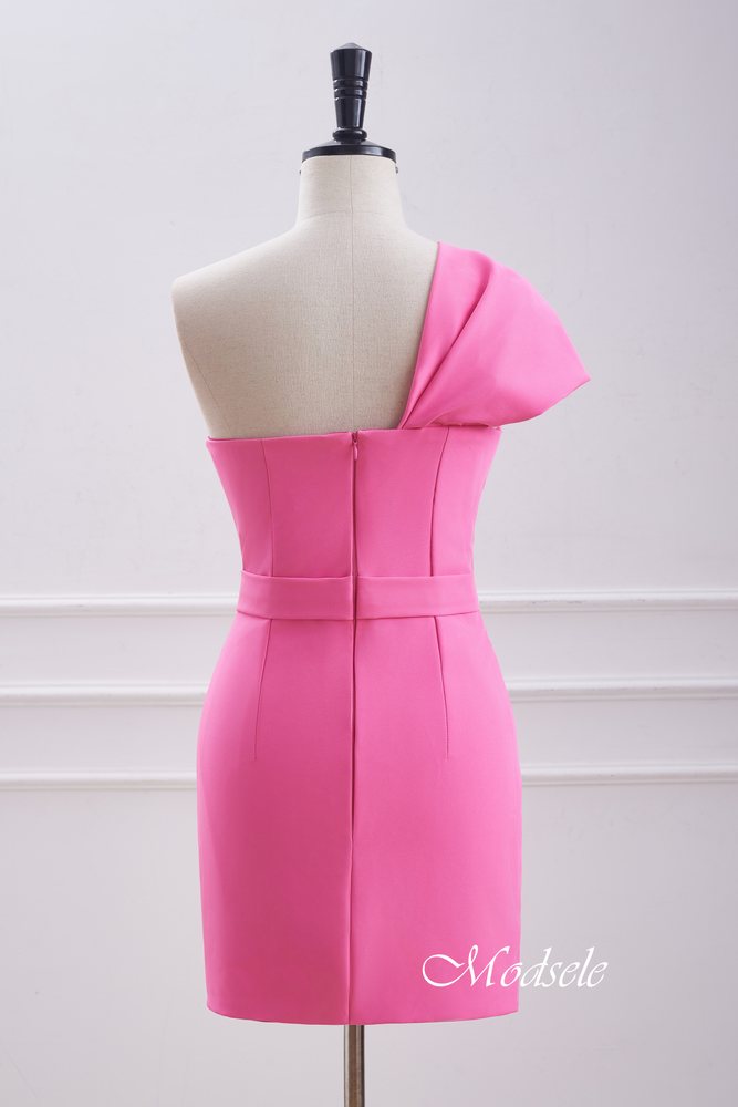 One Shoulder Twist Knot Hot Pink Tight Homecoming Dress