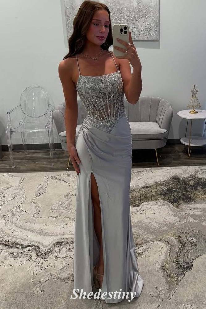 Luxury Sequin Red Mermaid Pleated Slit Prom Dress with Spaghetti Straps