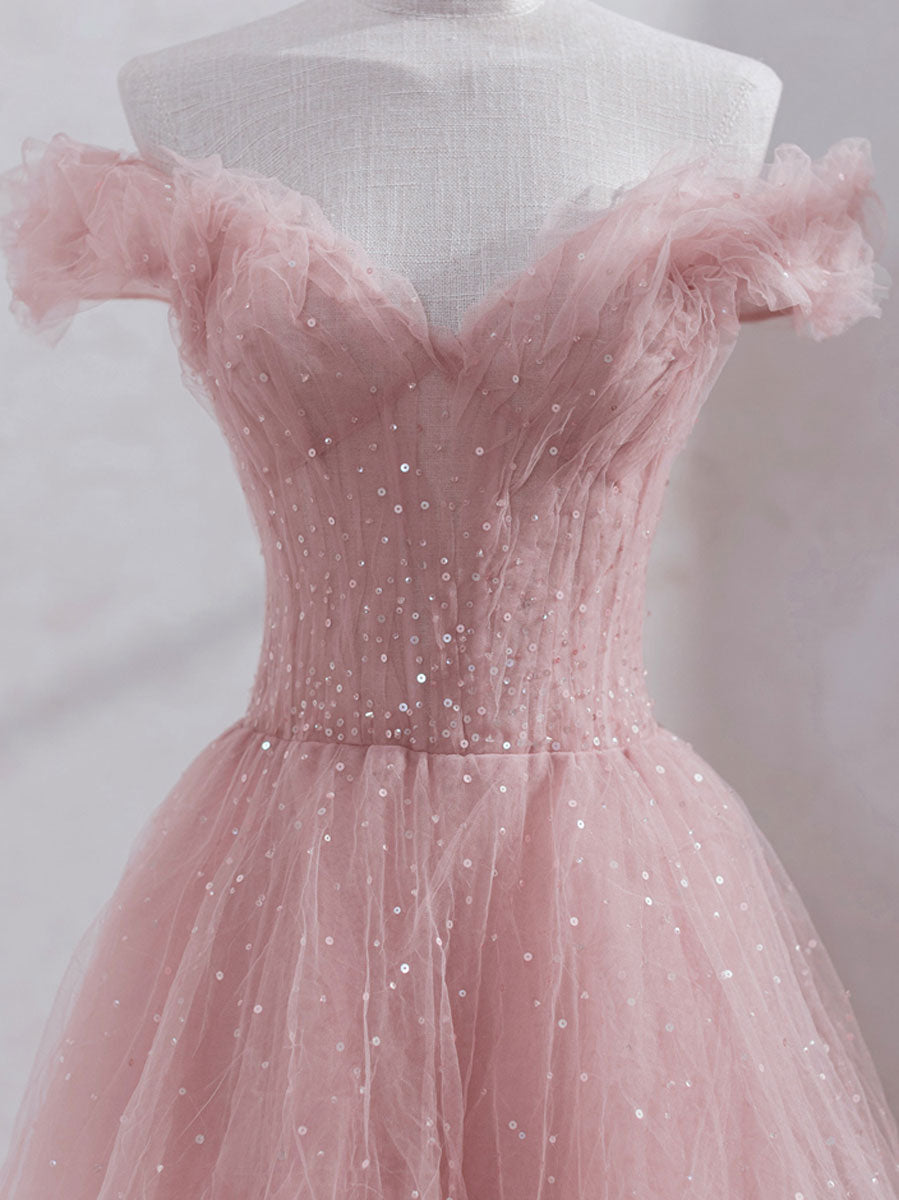 Pink off shoulder tulle sequin long prom dress, pink formal dress