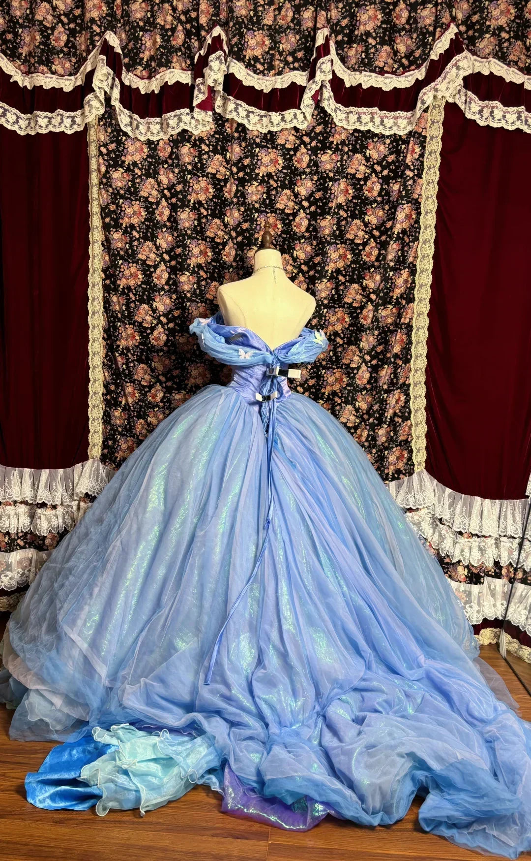 Vintage Blue Off-the-shoulder Chiffon Sweet 16 Quinceanera A-Line Princess Evening Dress Ball Gown HZ1024