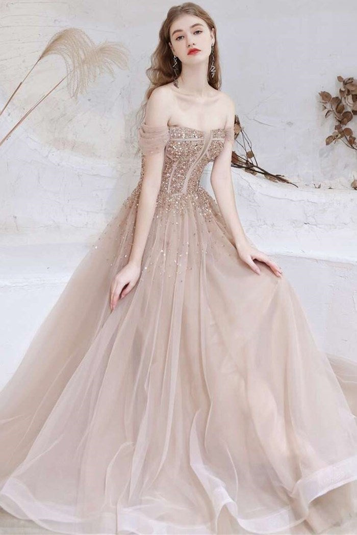 A-Line Champagne Tulle Off-the-Shoulder Prom Dress with Sequins