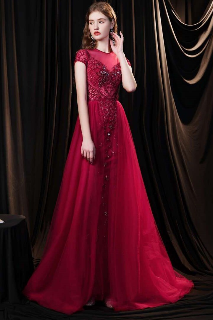 Red Tulle Cap Sleeve Round Neck Floor-length Prom Dress