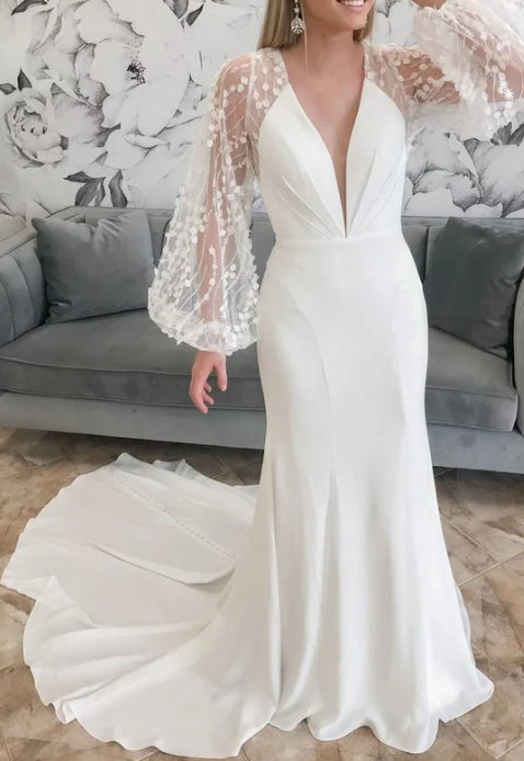 Ivory V Mermaid Long Wedding Dress with Balloon Sleeves
