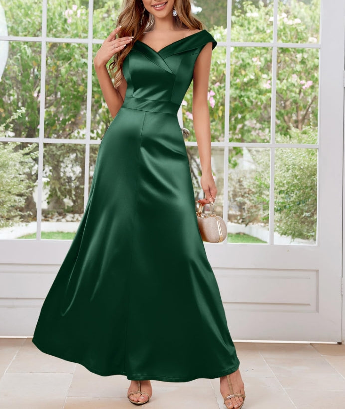Dark Green Women's Vintage V Neck Satin Cocktail Prom Floor Length Dress