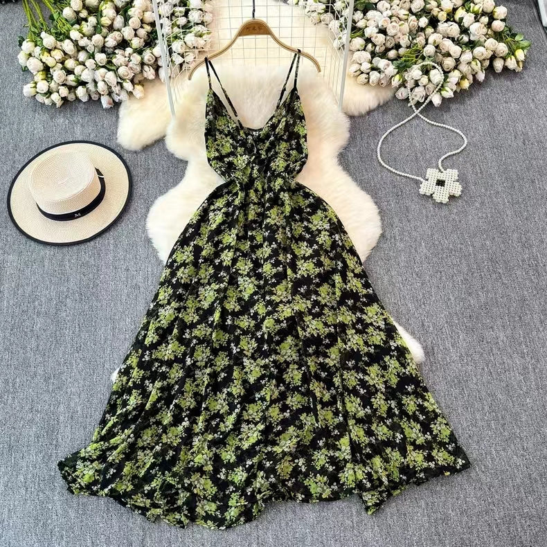 Boho Style V-neck Spaghetti Strap High-waisted Colorful Floral Dress HZ1024