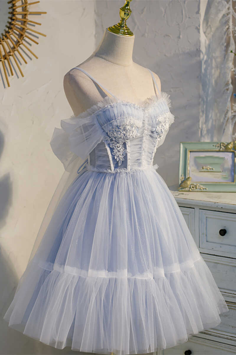 Dreamy Sky Blue Spaghetti Straps Bow-Back Short Party Dress