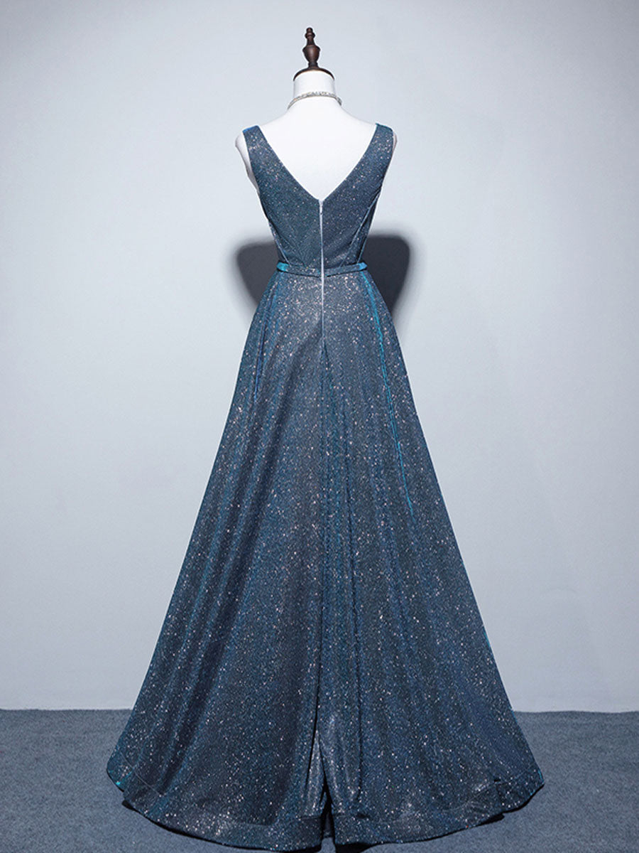 A-line V Neck Blue Long Prom Dress, Blue Formal Dresses