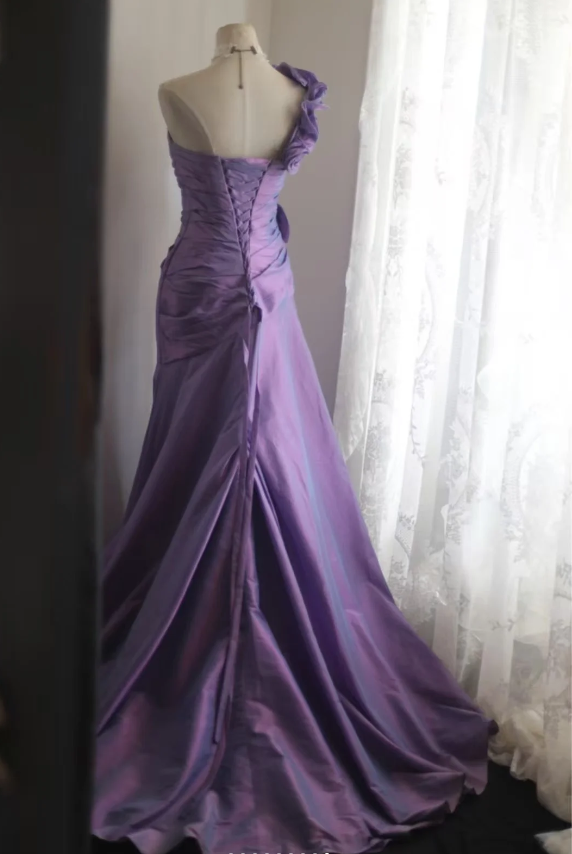 Retro Elegant Purple 3D Floral One-Shoulder Mermaid Satin Long Prom Dress Evening Dress cc5359