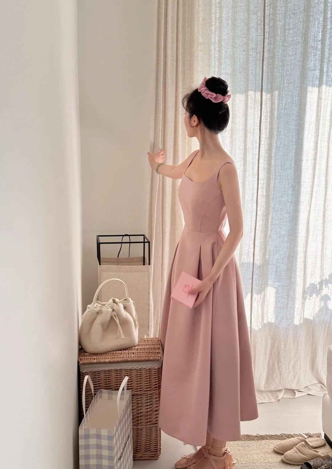 Elegant Pink A-line Square Neck Strap Satin Long Prom Dress Evening Dress cc5274