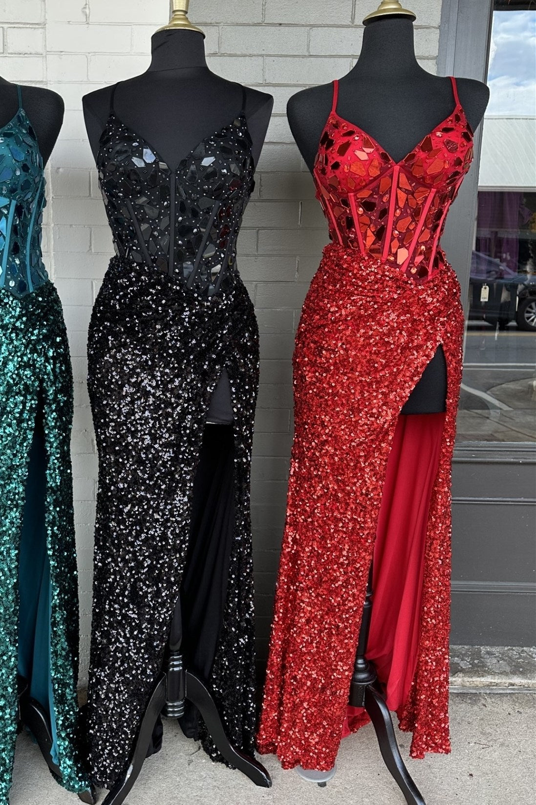 Emerald Green Sequin Cut Glass Mirror Long Prom Dress with Slit