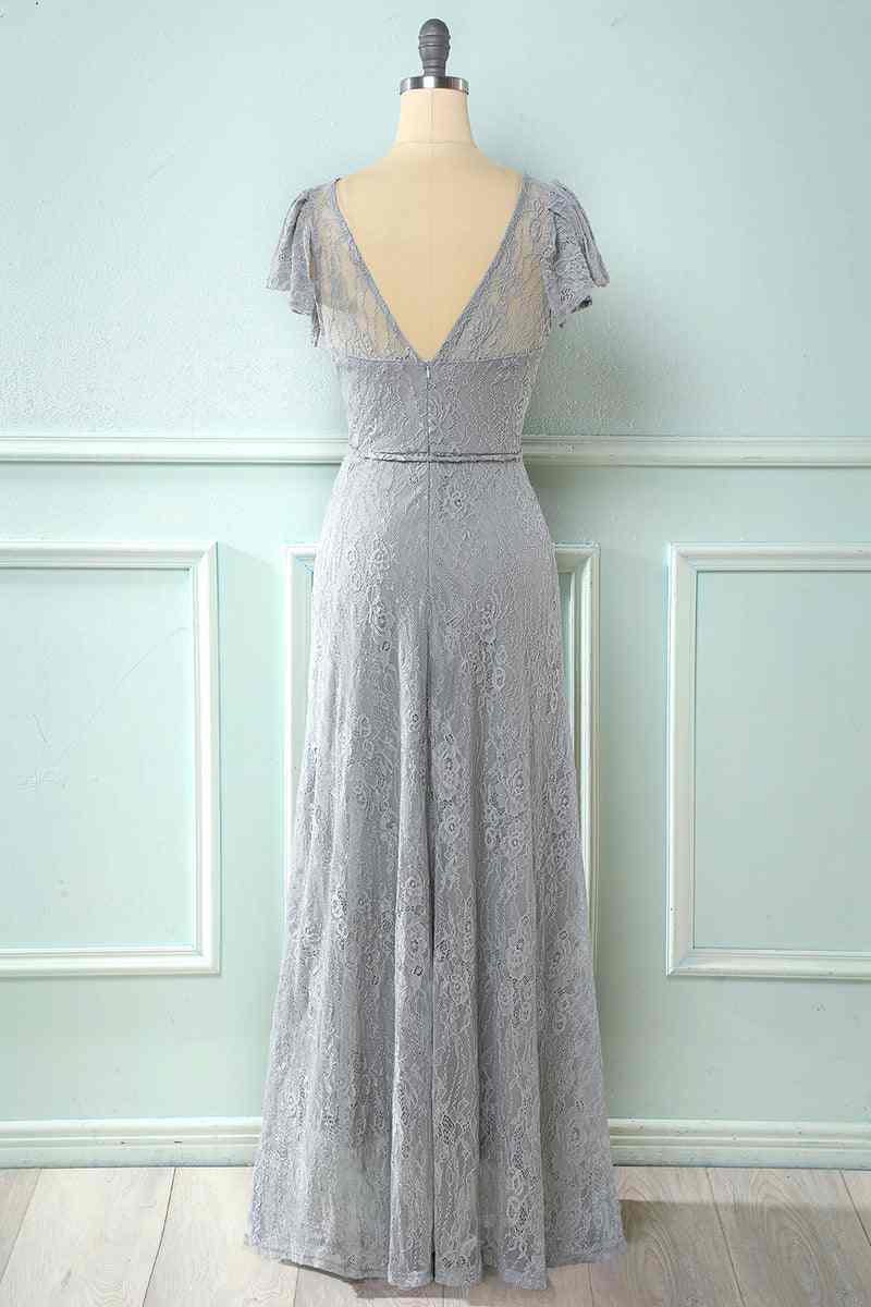Royal Blue Lace Backless Cap Sleeve Bridesmaid Dress