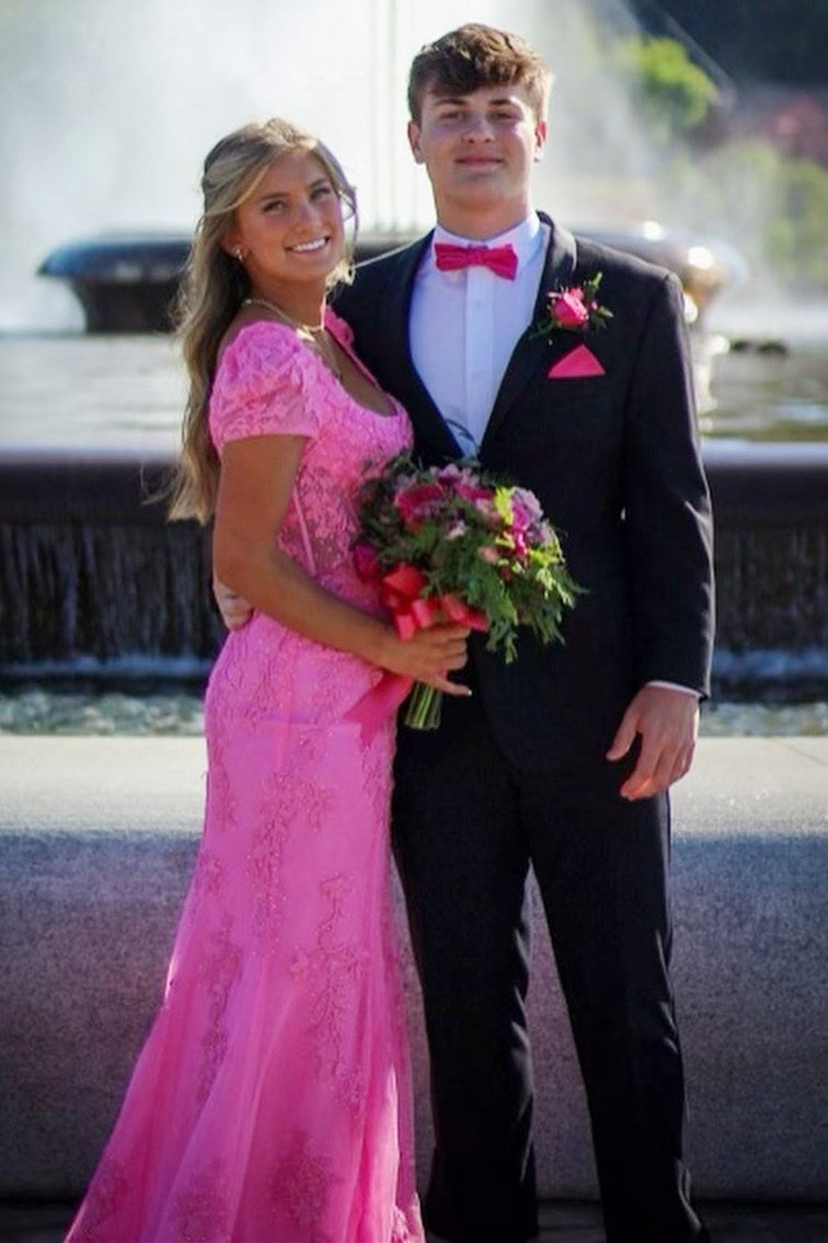 Ivory Square Neck Puff Sleeves Appliques Tulle Long Prom Dress