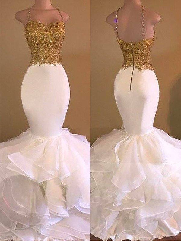 Trumpet/Mermaid Spaghetti Straps Sleeveless Applique Organza Floor-Length Dresses - RongMoon