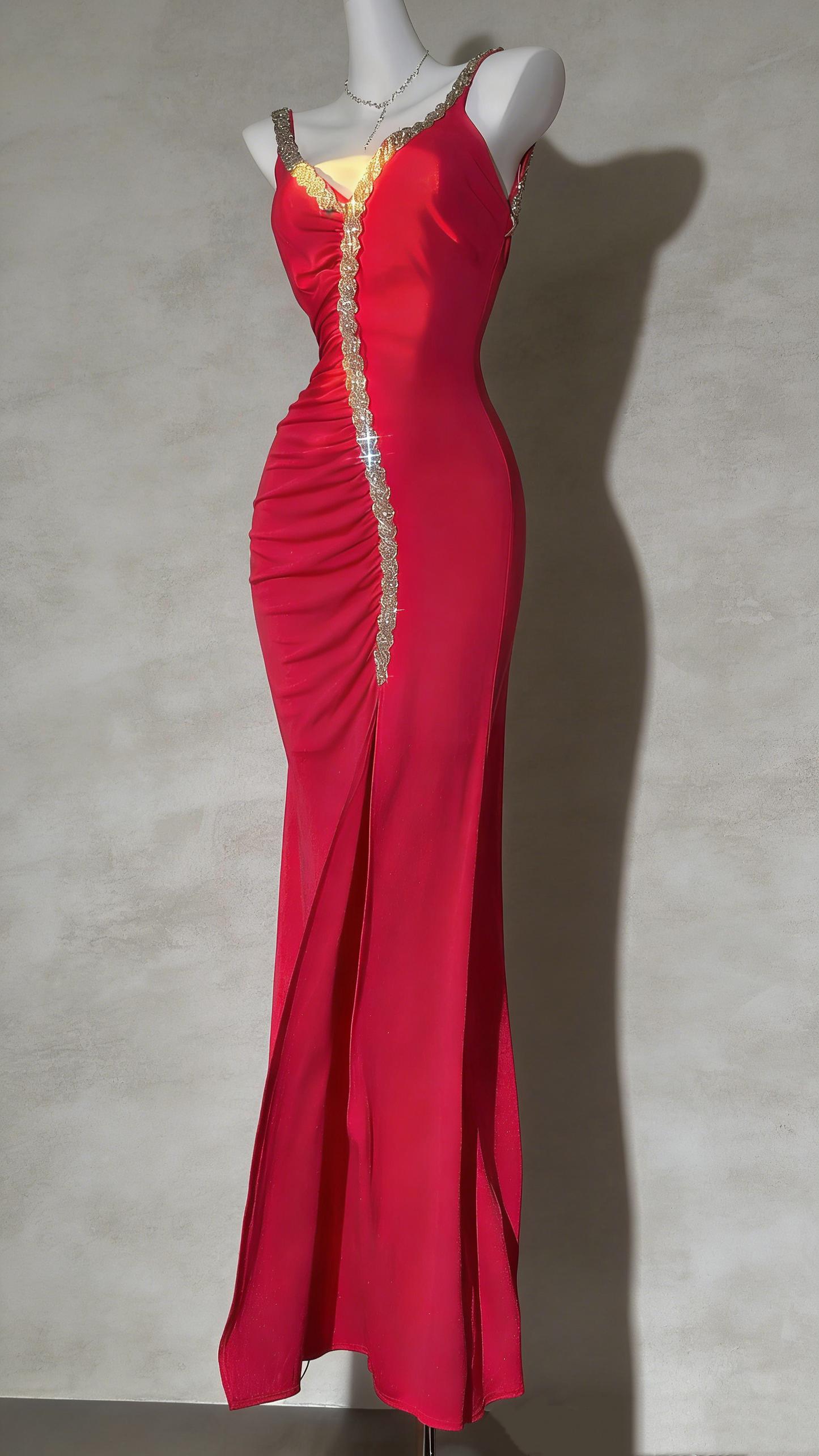 Satin Spaghetti Strap Gown - Sequin Trim Backless Mermaid Evening/Red Carpet/Date Maxi Dress gh6985