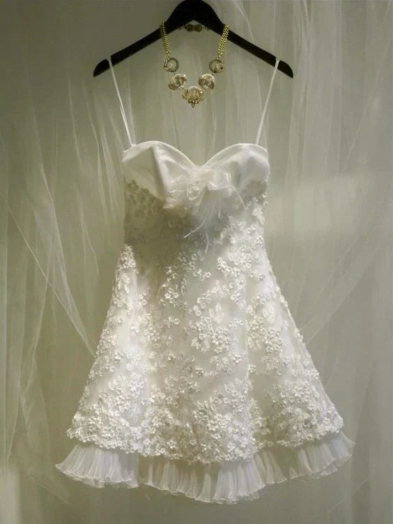 Cute White Sweetheart Spaghetti Strap A-Line Short Party Dress Cocktail Dress Homecoming Dress HZ1024