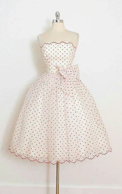 Vintage Red Polka Dot Bowknot Strapless A-Line Homecoming Dress Party Dress Cocktail Dress HZ1024