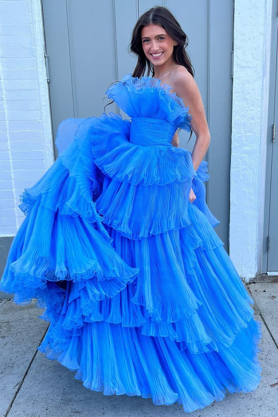 Strapless Banded Waist Tiered Long Prom Gown with Ruffles