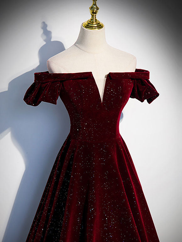 A-Line Velvet Burgundy Long Prom Dress, Burgundy Velvet Long Formal Dress