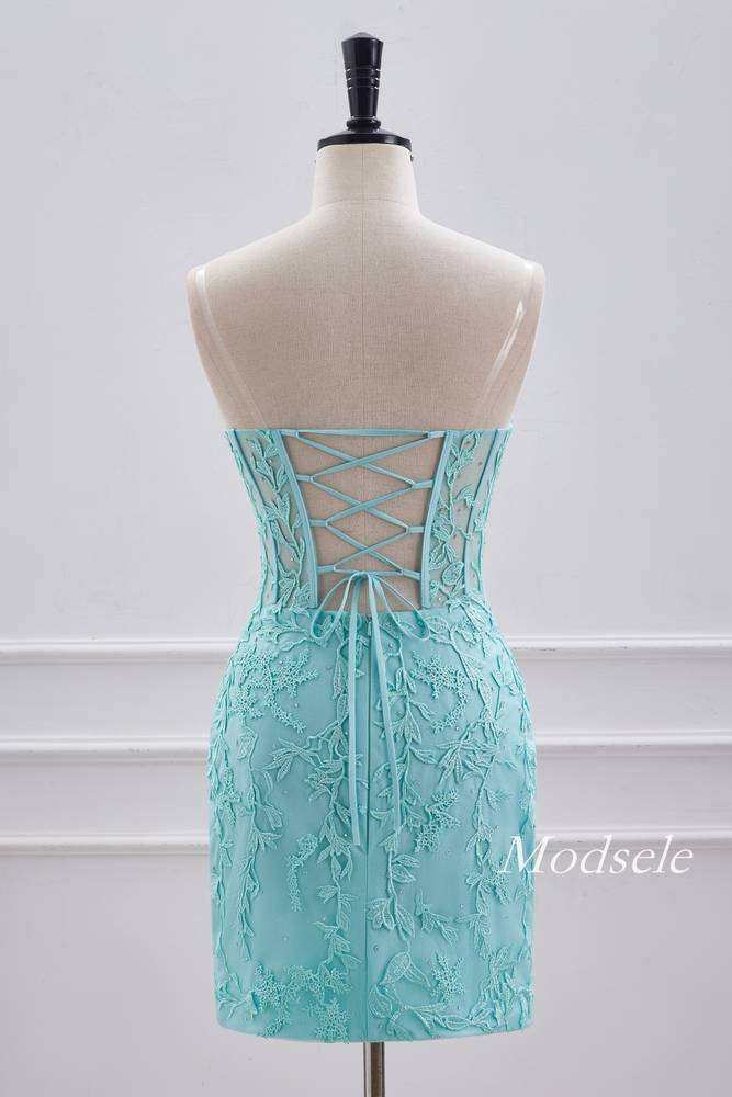 Strapless Aqua Green Applique Tight Homecoming Dress with Lace-up