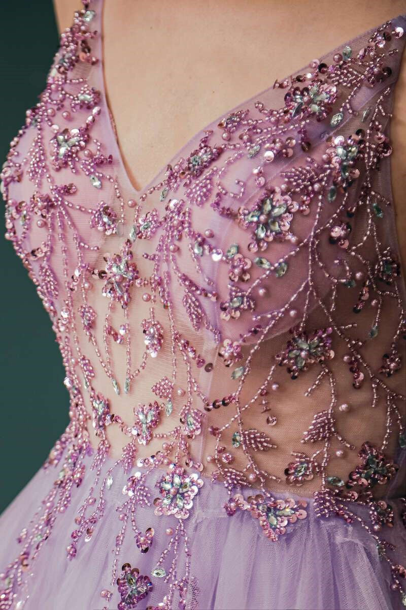 Lilac Beaded Tulle Long Prom Dress