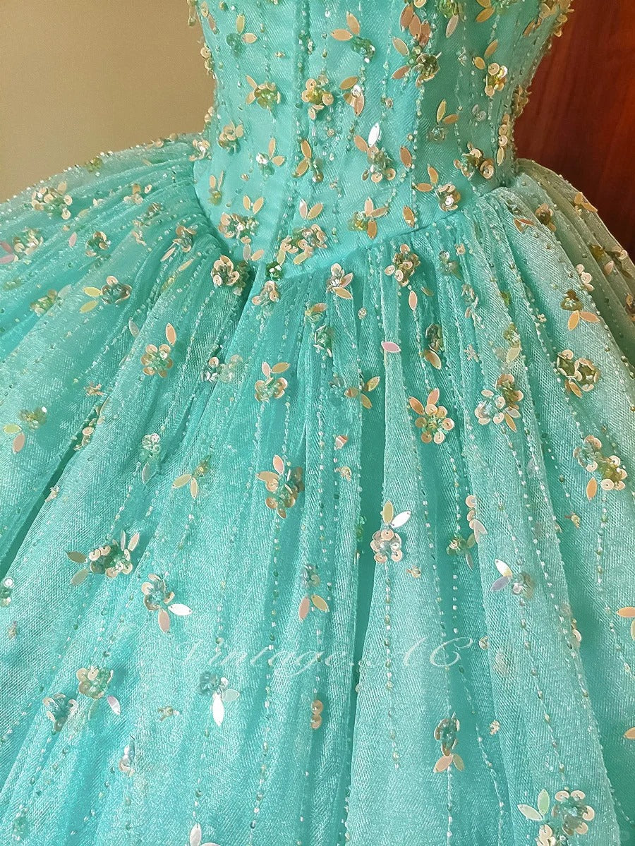 Girlhomeshops-Mint Green Glitter Beaded Floral Long Tulle Floor-Length Ball Gown gh5300