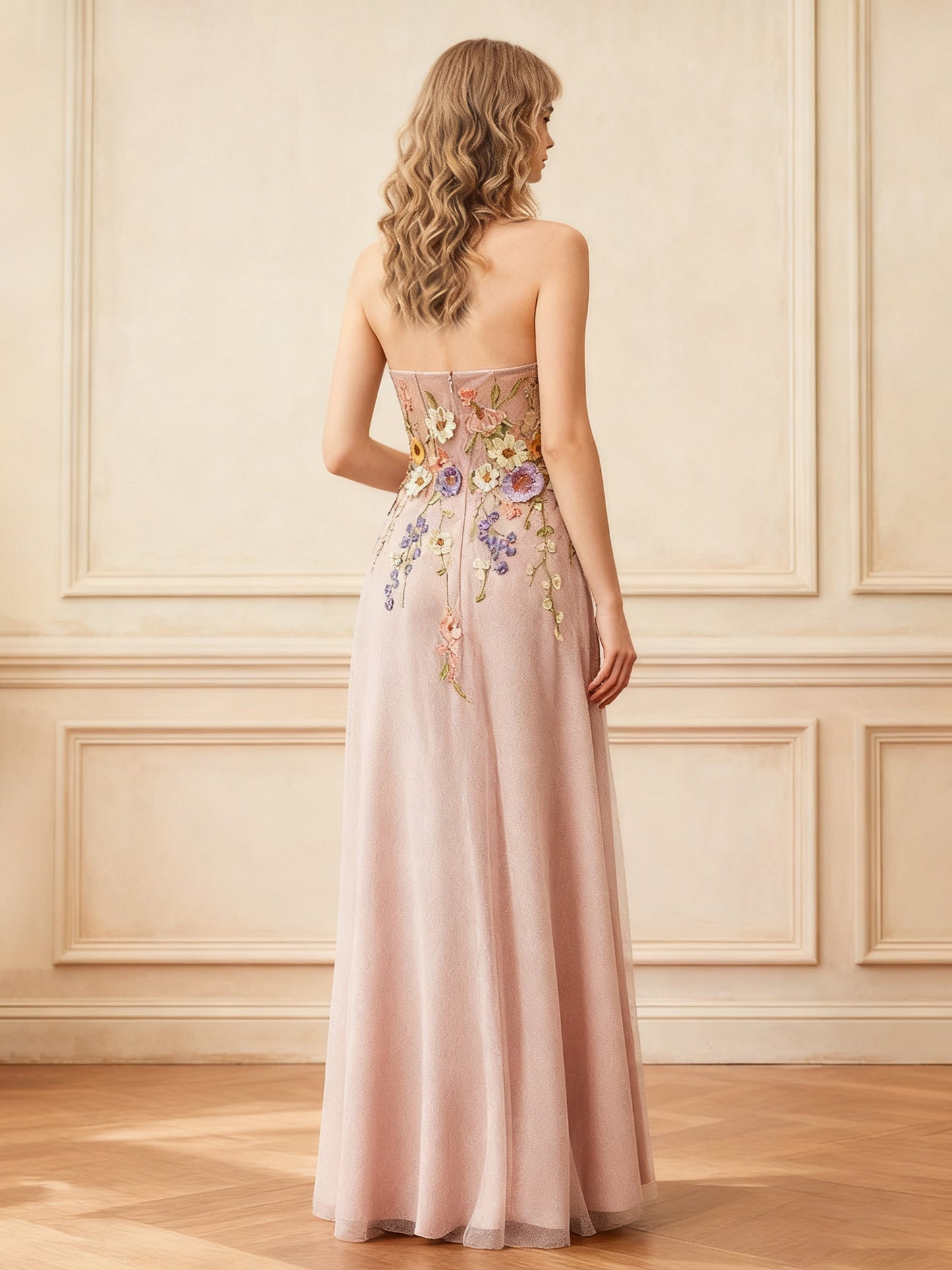 Sweetheart Neck Floral Applique A-Line Tulle Dress Dusty Rose