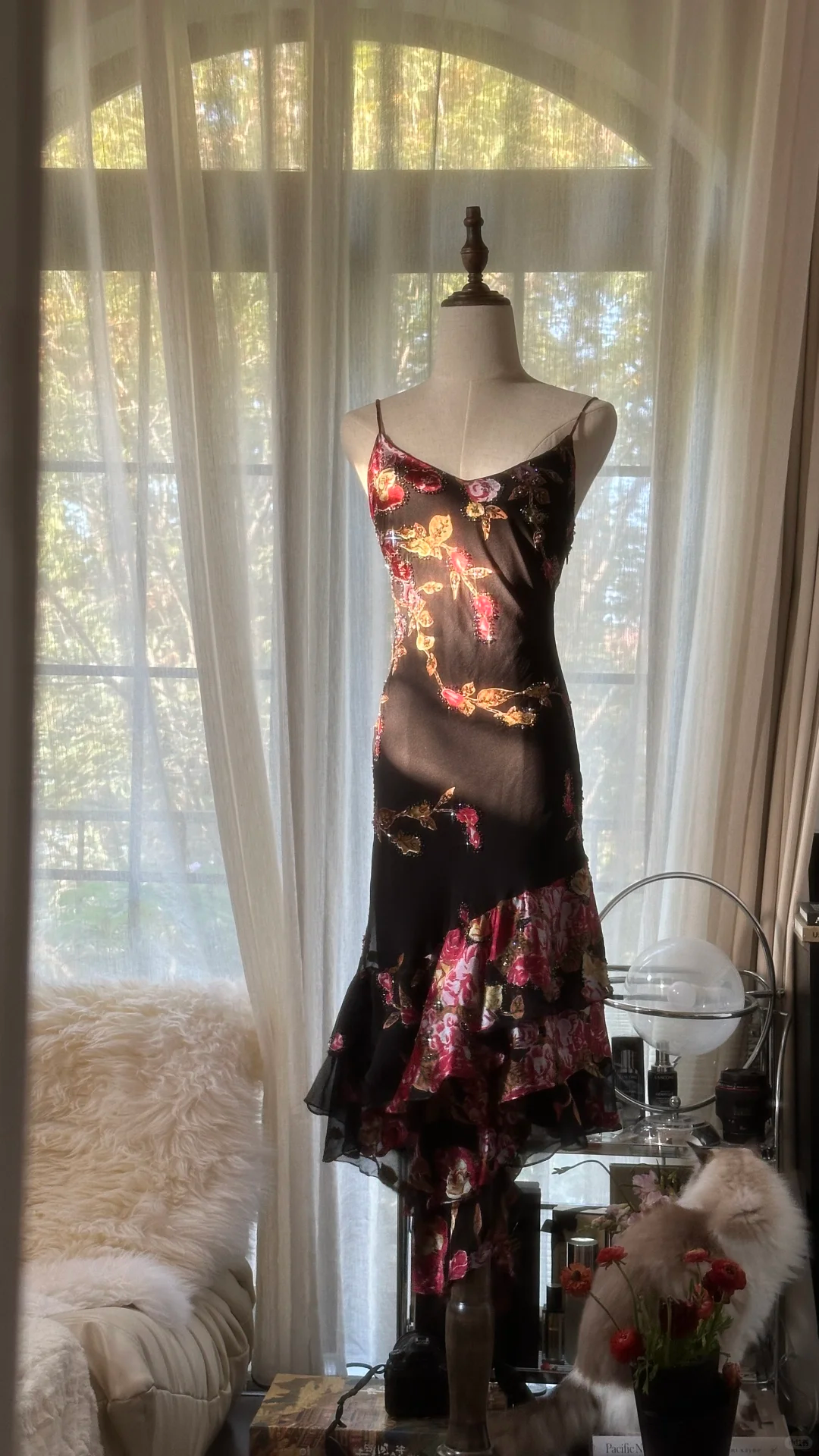Vintage Black Spaghetti Strap Floral Design Romantic Chiffon Evening Dress Prom Dress HZ1024