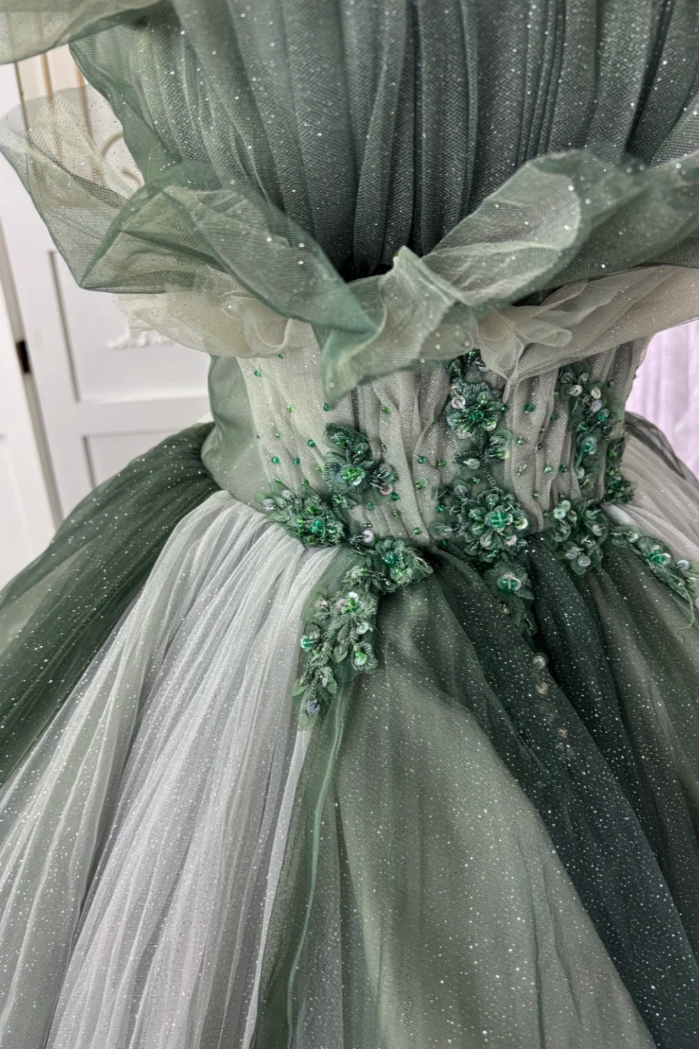 Forest Green Gradient Ball Gown Beaded Strapless & Oversized Tulle gh7064