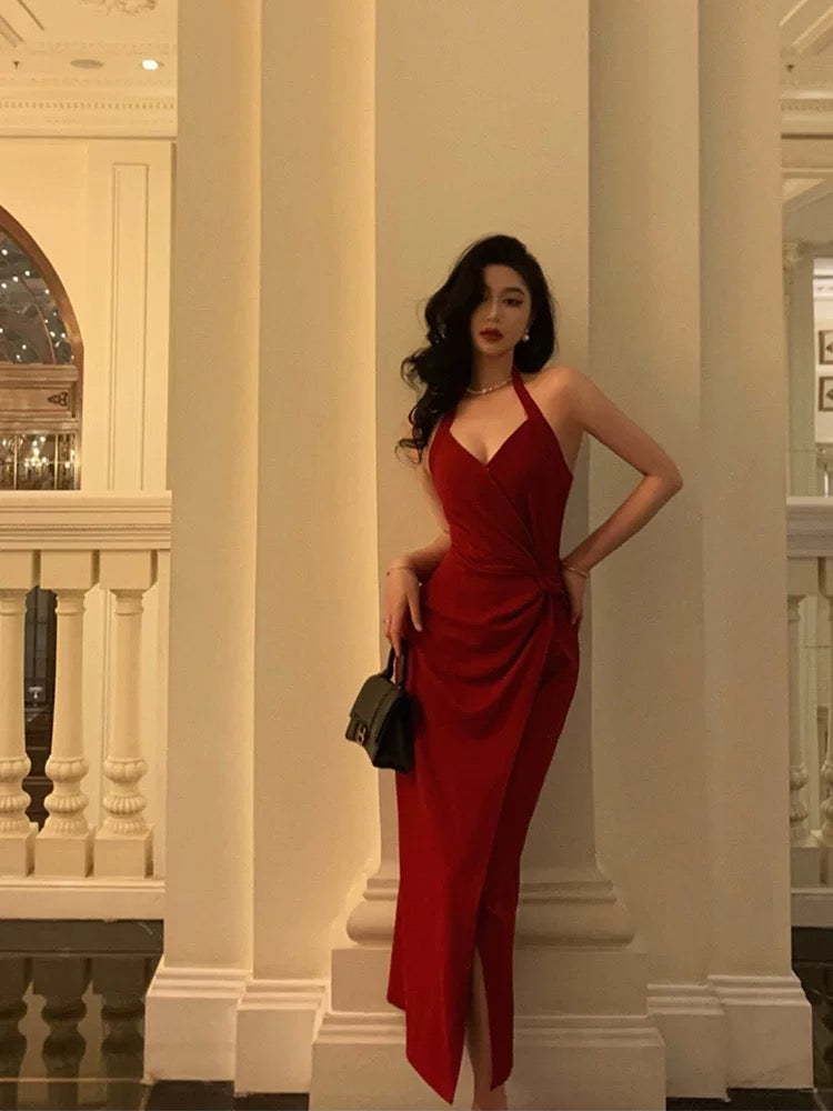 Sexy Sheath Halter Red Sleeveless Prom Dresses Party Dress Summer Birthday Outfits Birthday Dresses W810