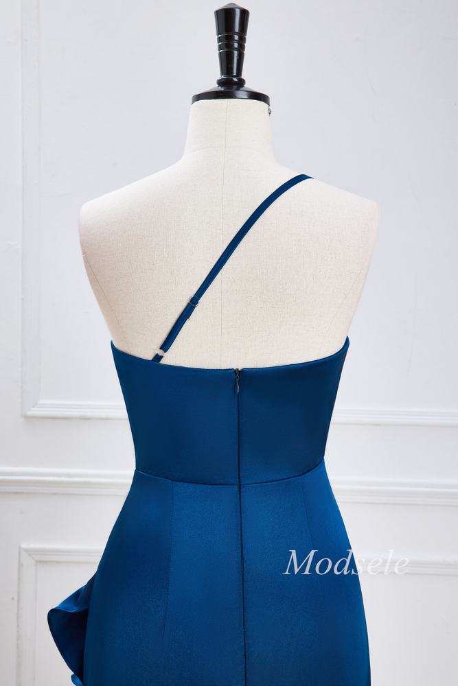 Navy Blue One-Shoulder Ruffle High-Low Dress