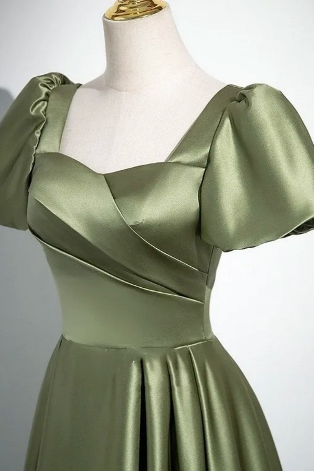 Vintage Olive Green - Square Neck Puff Sleeve Satin Gown, Waisted Flare Socialite Evening Dress gh7074