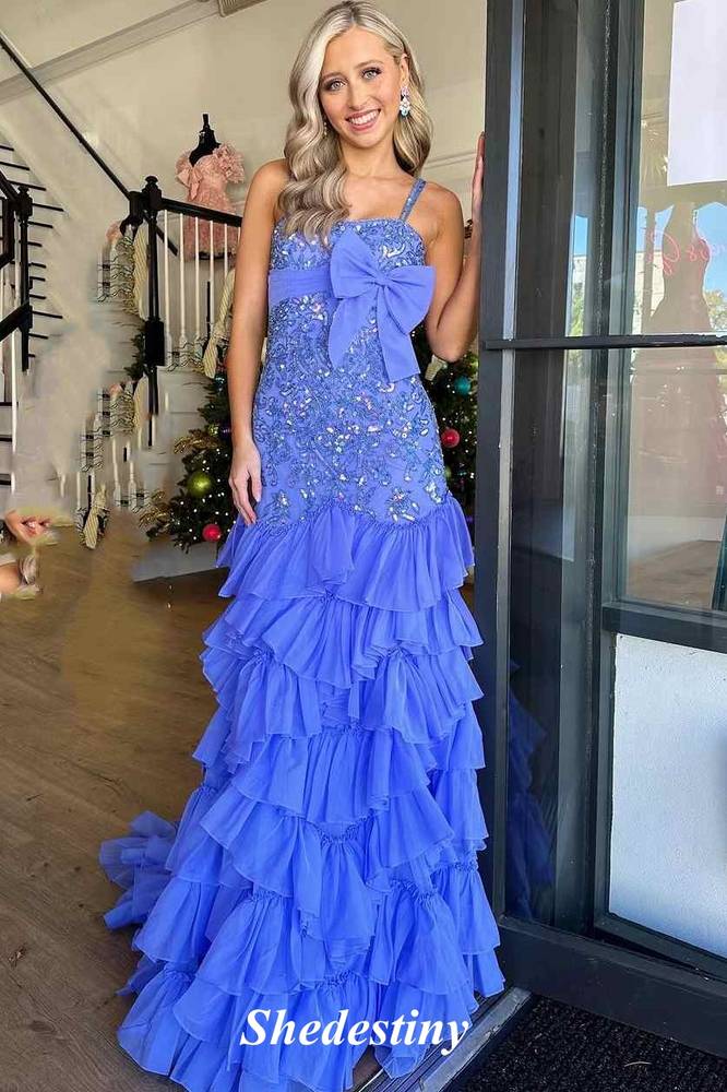 Sequin Applique Blue Mermaid Ruffle Prom Dress with Bowknot