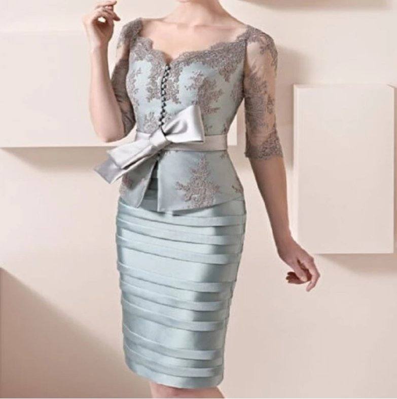 Elegant Mother Of The Bride Dresses Sheath Half Sleeves Lace Bow Short Wedding Party Dress Mother Dresses For Wedding - RongMoon