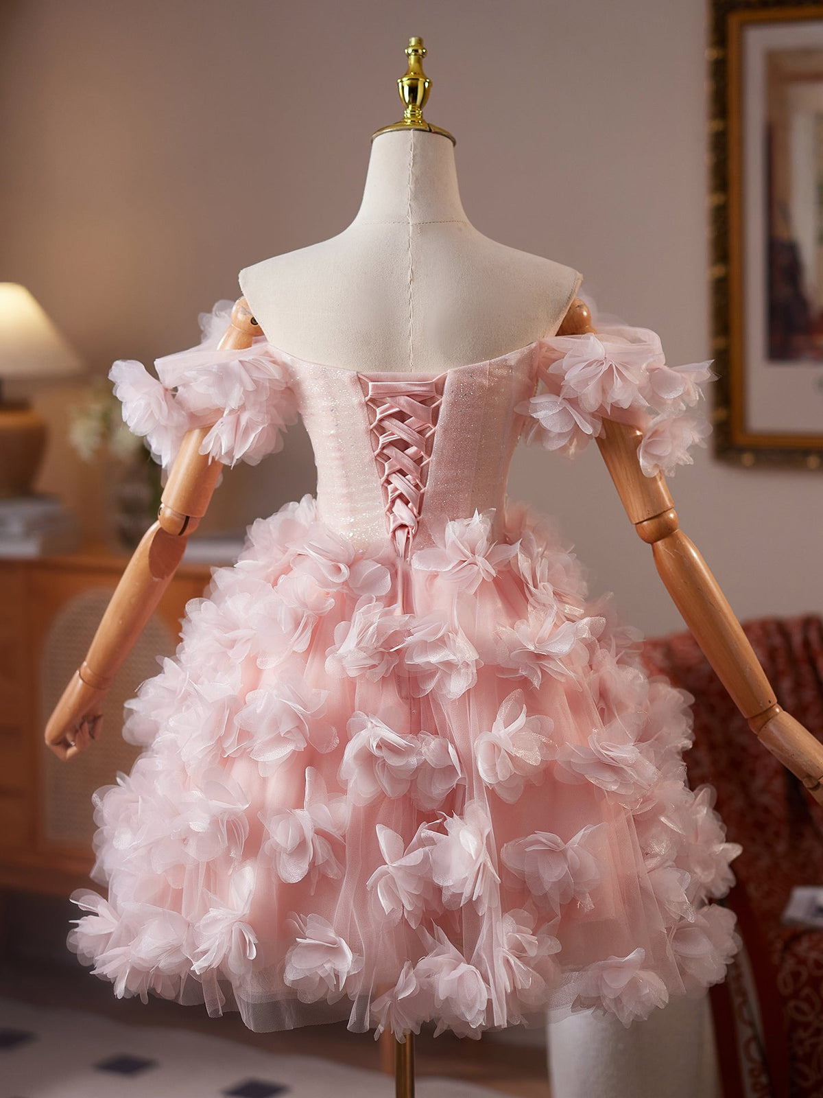 A-Line Tulle Beads Pink Short Prom Dress, Pink Homecoming Dress
