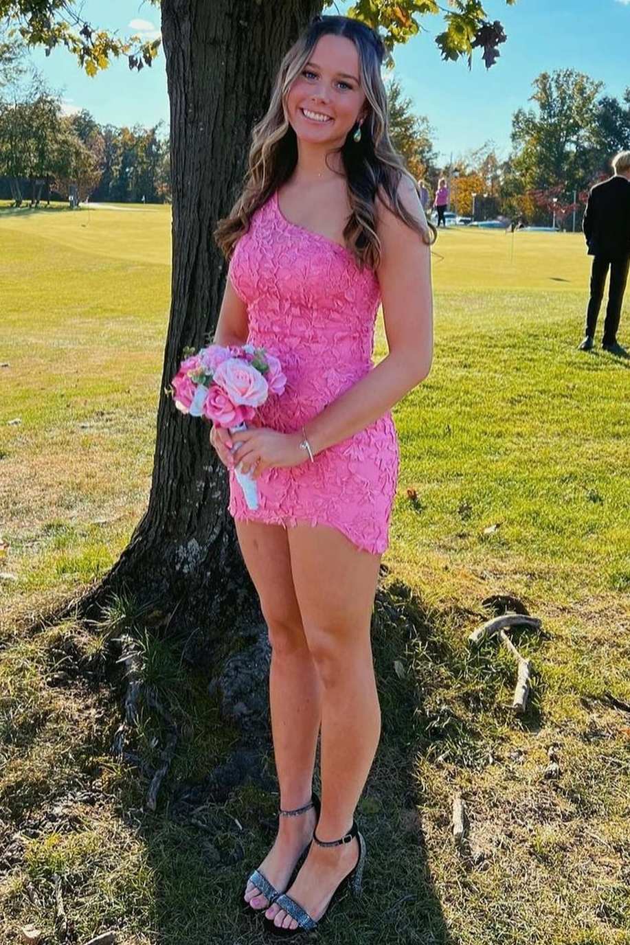 Light Blue Floral Lace One-Shoulder Bodycon Homecoming Dress