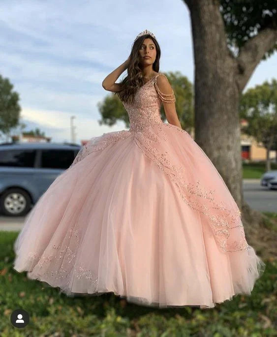 Elegant Pink Beaded Sweet 16 Quinceanera A-Line Tulle Floor-length Prom Dress Birthday Dress Evening Dress Ball Gown HZ1024