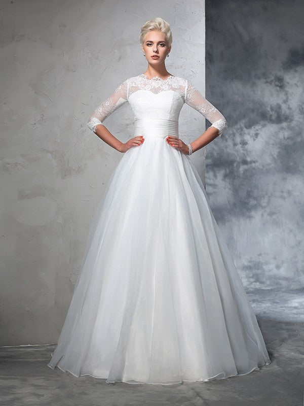 Aimishang Ball Gown Jewel Applique 3/4 Sleeves Long Organza Wedding Dresses