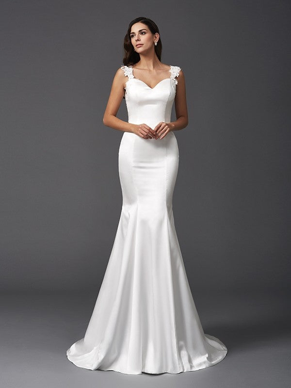 Aimishang Trumpet/Mermaid Straps Beading Sleeveless Long Satin Wedding Dresses