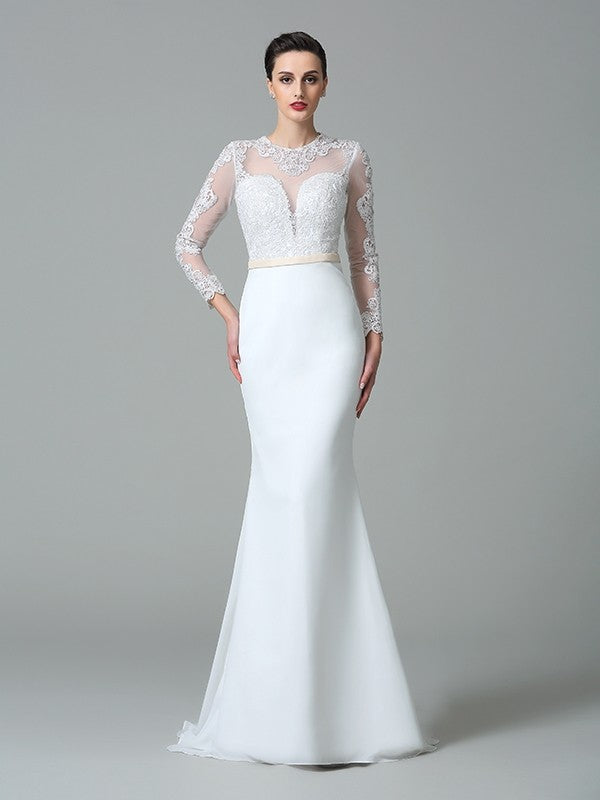 Aimishang Trumpet/Mermaid Jewel Lace Long Sleeves Long Chiffon Wedding Dresses