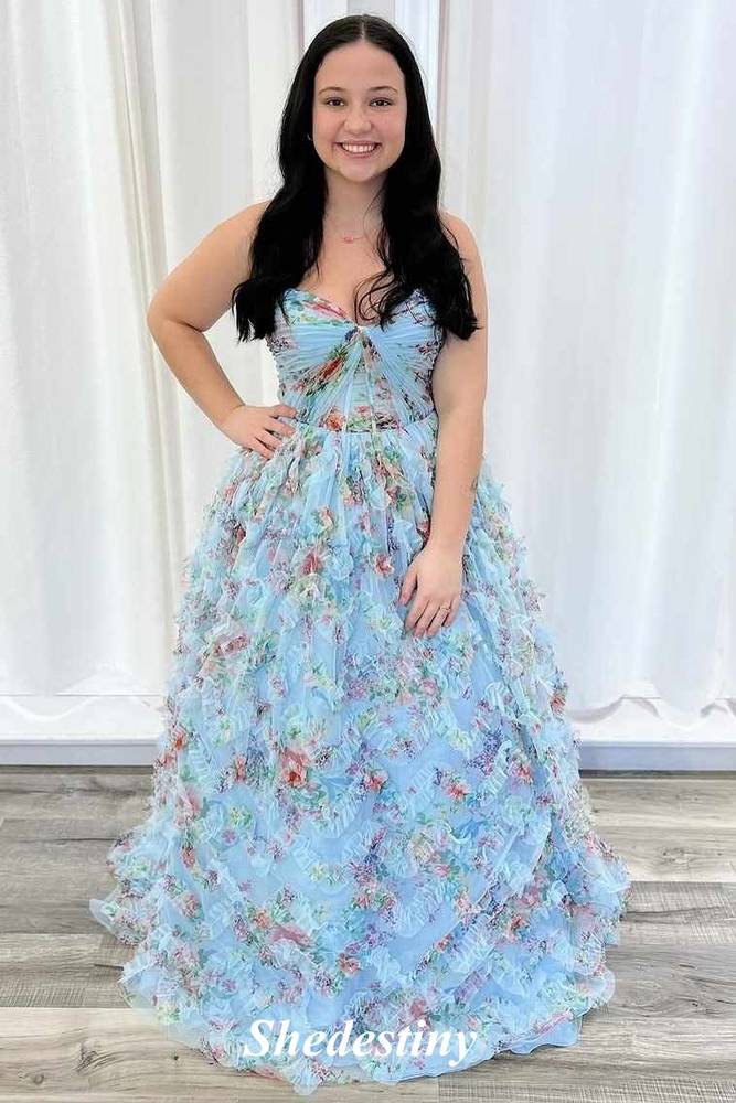 Pleated Sweetheart Floral Print Light Blue A-Line Prom Dress