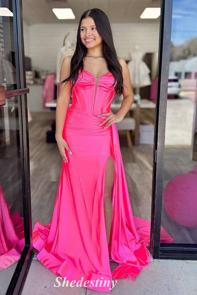Plunging V-Neck Mermaid Fuchsia Prom Dress with Train