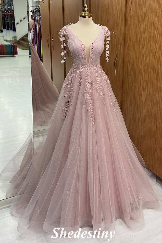 Plunging V-Neck Light Pink A-Line Applique Tulle Prom Dress