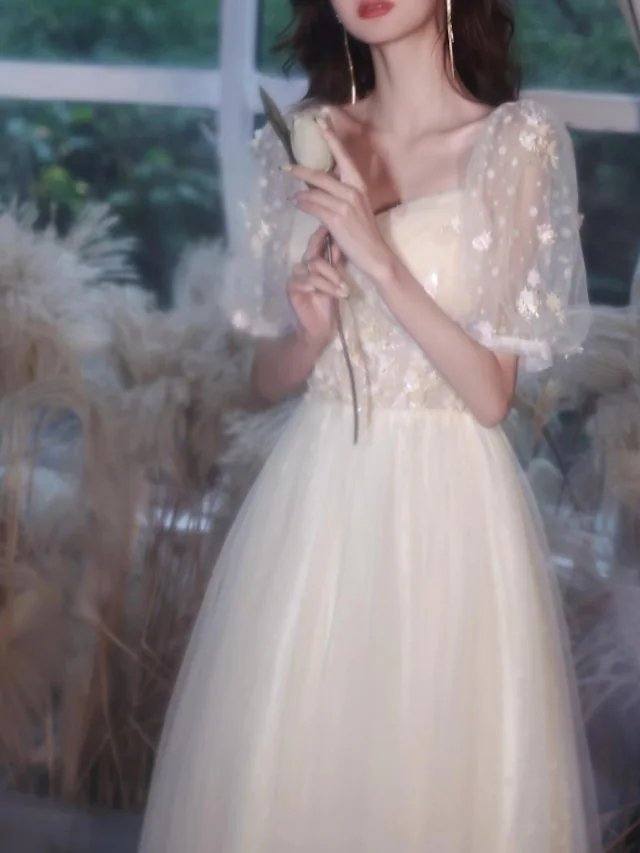 A-Line Elegant Engagement Prom Dress Off Shoulder Short Sleeve Floor Length Tulle with Appliques - RongMoon