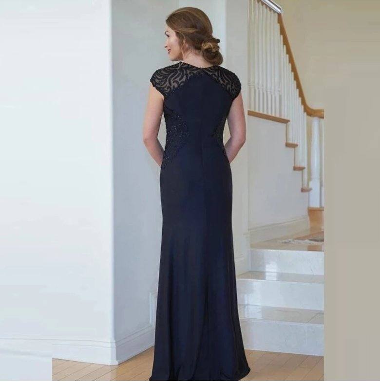Blue Mother Of The Bride Dresses Mermaid Cap Sleeves Chiffon Beaded Plus Size Long Groom Mother Dresses Wedding - RongMoon